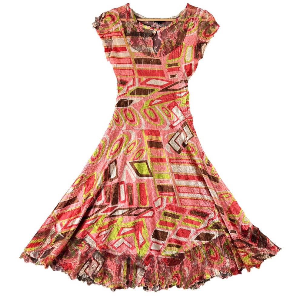 Komarov Pink Abstract Geometric Pleated Mesh Lace Cap Sleeve Midi Dress Small